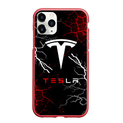 Чехол iPhone 11 Pro матовый Tesla Трещины с молниями, цвет: 3D-красный
