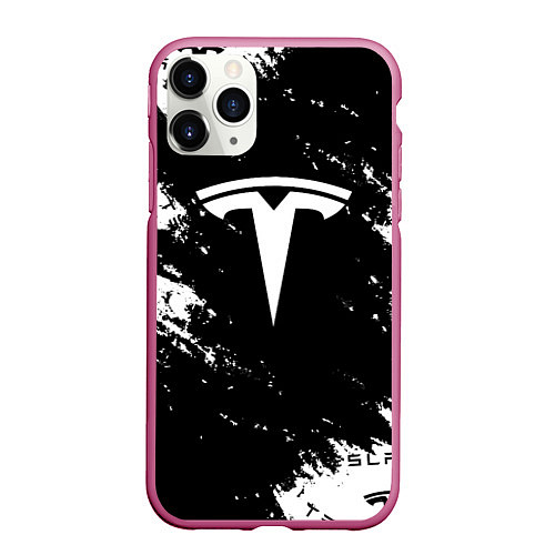 Чехол iPhone 11 Pro матовый Tesla logo texture / 3D-Малиновый – фото 1