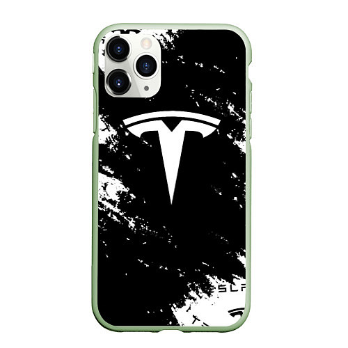 Чехол iPhone 11 Pro матовый Tesla logo texture / 3D-Салатовый – фото 1