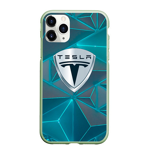 Чехол iPhone 11 Pro матовый Tesla неоновые треугольники / 3D-Салатовый – фото 1