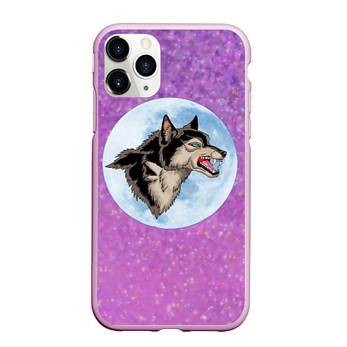 Чехол iPhone 11 Pro матовый Волк оборотень и Луна, звёздное небо / 3D-Розовый – фото 1