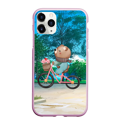 Чехол iPhone 11 Pro матовый Медведь на велосипеде / 3D-Розовый – фото 1