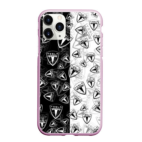 Чехол iPhone 11 Pro матовый TESLA BLACK AND WHITE LOGO PATTERN / 3D-Розовый – фото 1