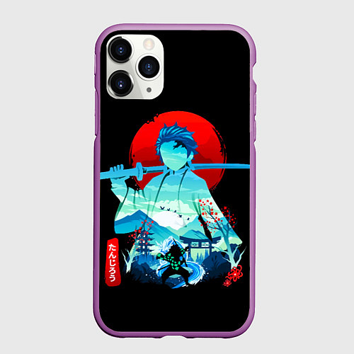 Чехол iPhone 11 Pro матовый Танджиро Комадо Силуэт Клинок рассекающий демонов / 3D-Фиолетовый – фото 1