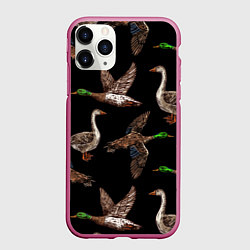 Чехол iPhone 11 Pro матовый Утки паттерн, цвет: 3D-малиновый