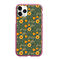 Чехол iPhone 11 Pro матовый Желтые цветочки и листья, цвет: 3D-малиновый