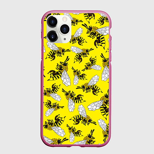 Чехол iPhone 11 Pro матовый Пчелы на желтом / 3D-Малиновый – фото 1