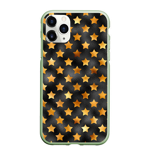 Чехол iPhone 11 Pro матовый Золотые звезды на черном / 3D-Салатовый – фото 1