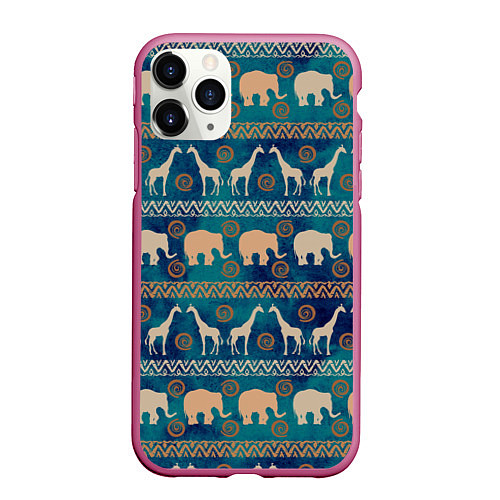 Чехол iPhone 11 Pro матовый Жирафы и слоны / 3D-Малиновый – фото 1