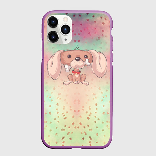 Чехол iPhone 11 Pro матовый Милая собачка с костью / 3D-Фиолетовый – фото 1