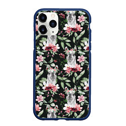 Чехол iPhone 11 Pro матовый Ламы и цветы паттерн, цвет: 3D-тёмно-синий