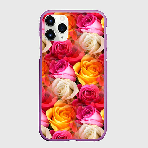 Чехол iPhone 11 Pro матовый Красные, желтые и белые розы / 3D-Фиолетовый – фото 1