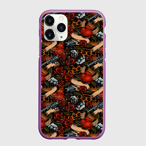 Чехол iPhone 11 Pro матовый Кастеты, Пистолеты, Розы, Сердечки / 3D-Фиолетовый – фото 1