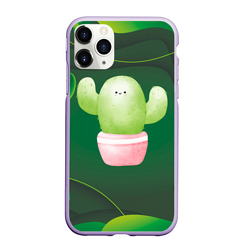 Чехол iPhone 11 Pro матовый Зеленый милый кактус / 3D-Светло-сиреневый – фото 1