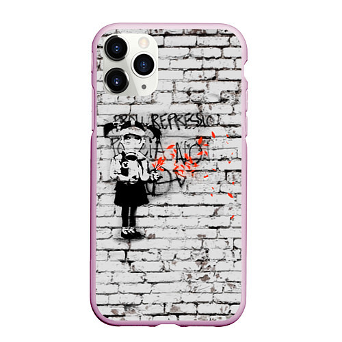 Чехол iPhone 11 Pro матовый Banksy Девочка в Противогазе Бэнкси / 3D-Розовый – фото 1