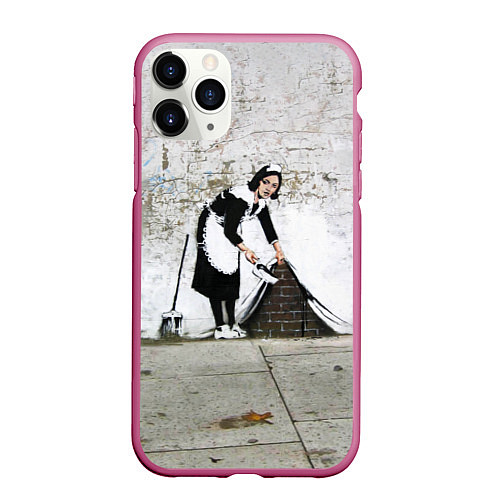 Чехол iPhone 11 Pro матовый Banksy - Бэнкси уборщица / 3D-Малиновый – фото 1