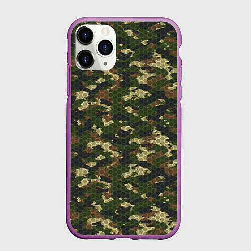 Чехол iPhone 11 Pro матовый Камуфляж лесной с высокотехнологичной гексагональн / 3D-Фиолетовый – фото 1