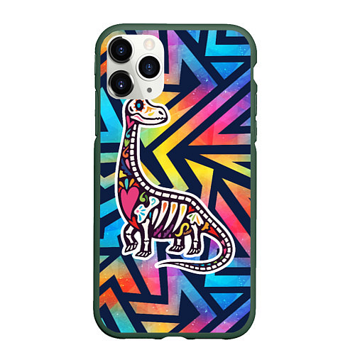 Чехол iPhone 11 Pro матовый Разноцветный скелет динозавра / 3D-Темно-зеленый – фото 1