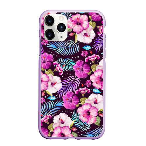 Чехол iPhone 11 Pro матовый Цветочный Паттерн Flowers and leaves / 3D-Сиреневый – фото 1