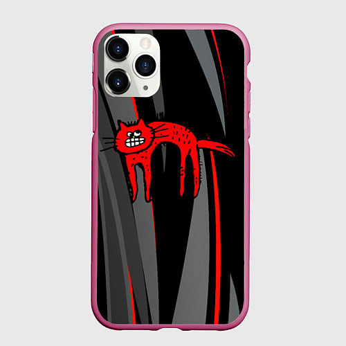 Чехол iPhone 11 Pro матовый Прикольный красный кот / 3D-Малиновый – фото 1