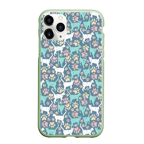 Чехол iPhone 11 Pro матовый Кошки и следы от лап / 3D-Салатовый – фото 1