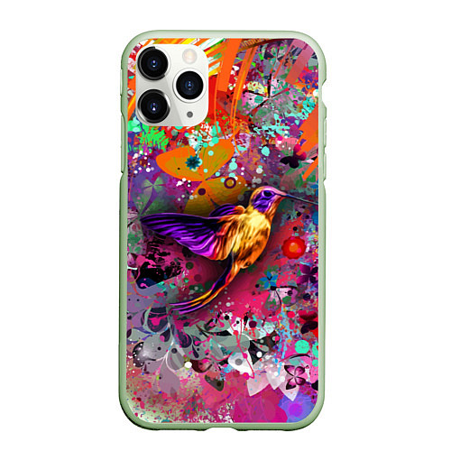 Чехол iPhone 11 Pro матовый Колибри Floral Pattern / 3D-Салатовый – фото 1
