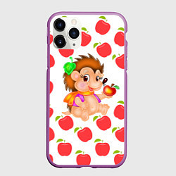 Чехол iPhone 11 Pro матовый Веселый Ежик с Яблоком, цвет: 3D-фиолетовый