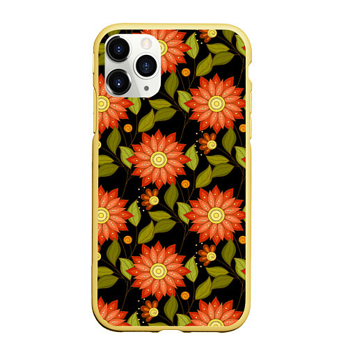 Чехол iPhone 11 Pro матовый Оранжевые цветы на черном фоне / 3D-Желтый – фото 1