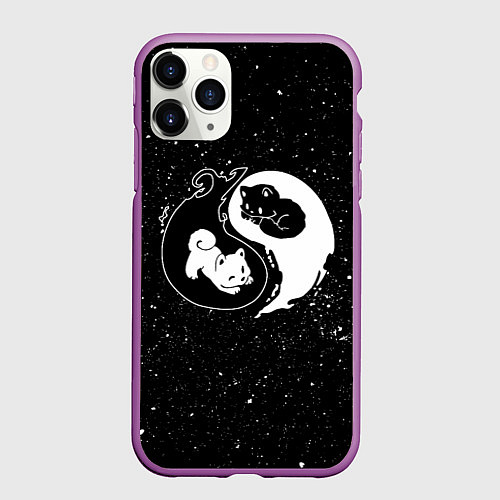 Чехол iPhone 11 Pro матовый Инь Янь - котенок и щенок / 3D-Фиолетовый – фото 1
