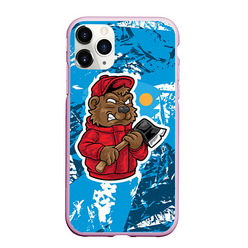 Чехол iPhone 11 Pro матовый Медведь дровосек / 3D-Розовый – фото 1