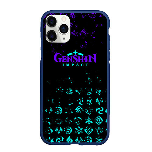 Чехол iPhone 11 Pro матовый GENSHIN NEON PATTERN SYMBOL НЕОН ЭМБЛЕМЫ / 3D-Тёмно-синий – фото 1