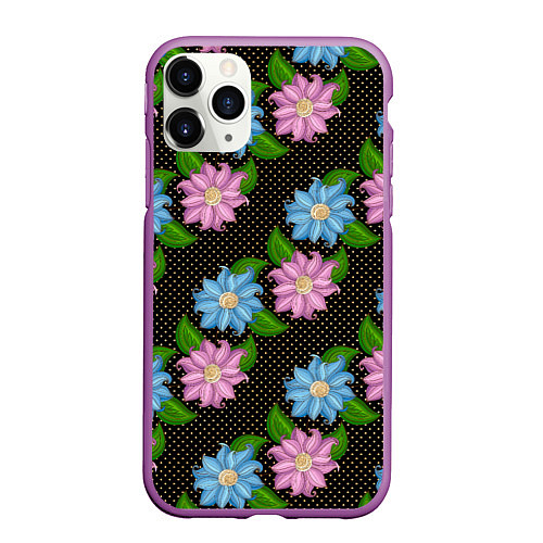 Чехол iPhone 11 Pro матовый FLOWERS BLACK / 3D-Фиолетовый – фото 1