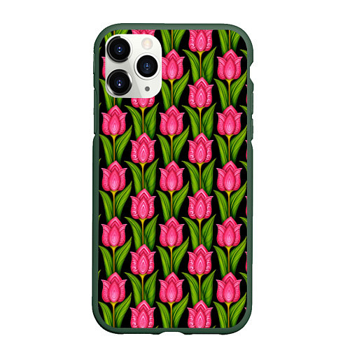 Чехол iPhone 11 Pro матовый Красные тюльпаны на черном фоне / 3D-Темно-зеленый – фото 1