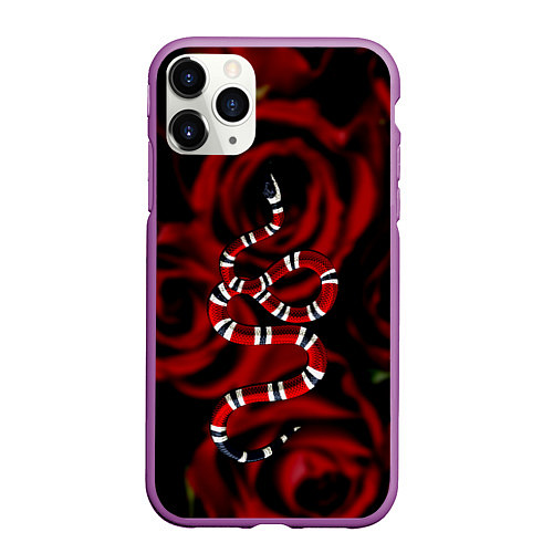 Чехол iPhone 11 Pro матовый Змея в Цветах Розы Snake Rose / 3D-Фиолетовый – фото 1