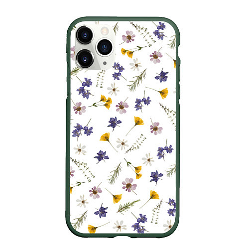 Чехол iPhone 11 Pro матовый Простые цветы на белом фоне / 3D-Темно-зеленый – фото 1
