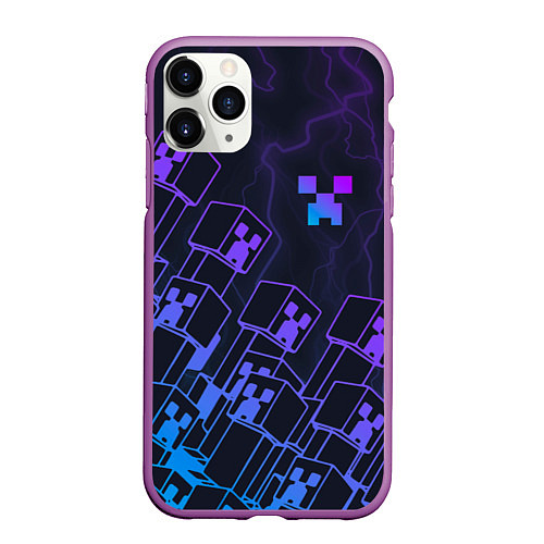 Чехол iPhone 11 Pro матовый Minecraft CREEPER NEON / 3D-Фиолетовый – фото 1