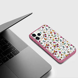 Чехол iPhone 11 Pro матовый Птицы и цветы Разноцветный узор в дудл стиле, цвет: 3D-малиновый — фото 2