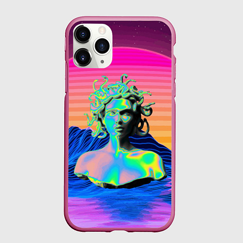 Чехол iPhone 11 Pro матовый Gorgon Medusa Vaporwave Neon Mountains / 3D-Малиновый – фото 1
