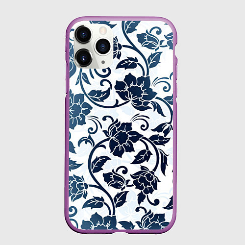 Чехол iPhone 11 Pro матовый Гжелевые цветы / 3D-Фиолетовый – фото 1