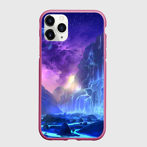 Чехол iPhone 11 Pro матовый Фантастический пейзаж Водопад Неон / 3D-Малиновый – фото 1