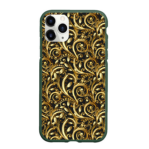 Чехол iPhone 11 Pro матовый Золотистые узоры / 3D-Темно-зеленый – фото 1