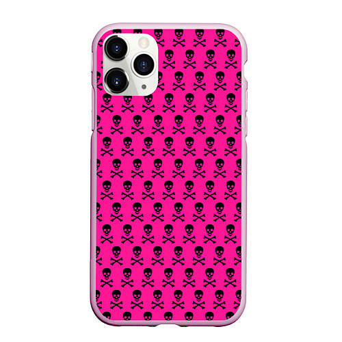 Чехол iPhone 11 Pro матовый Розовый фон с черепами паттерн / 3D-Розовый – фото 1