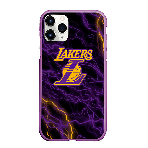 Чехол iPhone 11 Pro матовый Лейкерс Lakers яркие молнии / 3D-Фиолетовый – фото 1