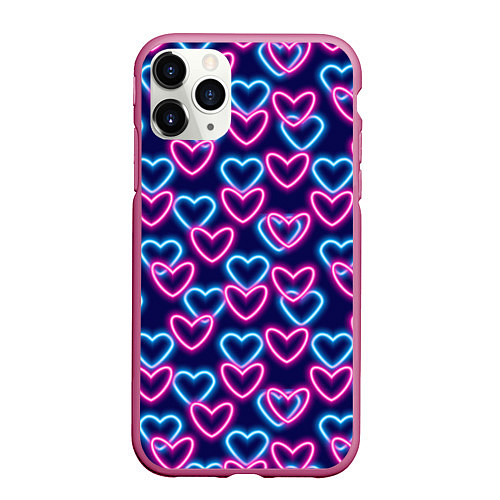 Чехол iPhone 11 Pro матовый Неоновые сердца, паттерн / 3D-Малиновый – фото 1