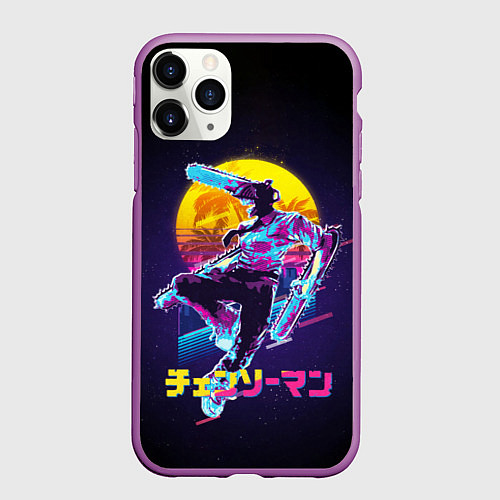 Чехол iPhone 11 Pro матовый CHAINSAW MAN on the background of the moon / 3D-Фиолетовый – фото 1