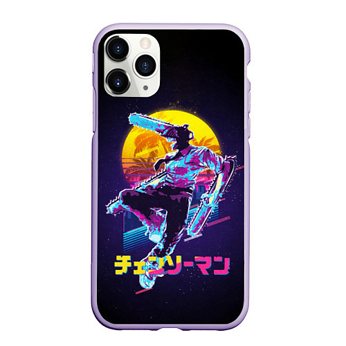 Чехол iPhone 11 Pro матовый CHAINSAW MAN on the background of the moon / 3D-Светло-сиреневый – фото 1