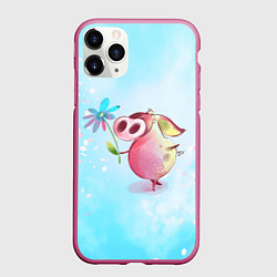 Чехол iPhone 11 Pro матовый Милый поросенок с цветами, цвет: 3D-малиновый