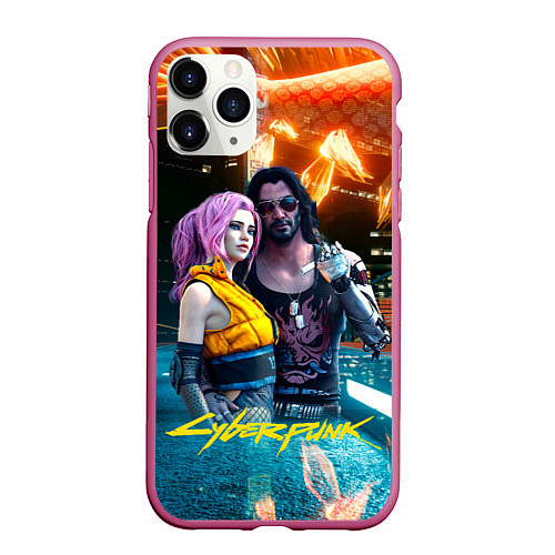 Чехол iPhone 11 Pro матовый Cyberpunk2077 Johnny Vi girl / 3D-Малиновый – фото 1