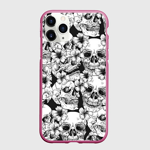 Чехол iPhone 11 Pro матовый Чёрно белые черепа и маки / 3D-Малиновый – фото 1