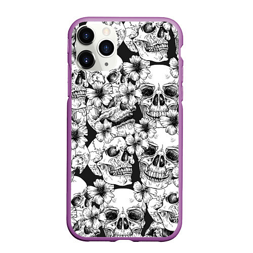Чехол iPhone 11 Pro матовый Чёрно белые черепа и маки / 3D-Фиолетовый – фото 1